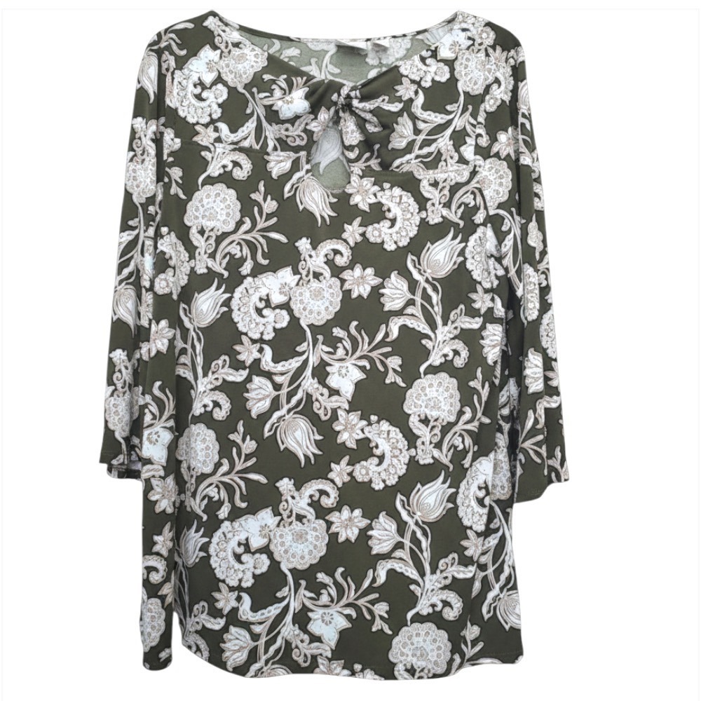 CHICO'S Slinky Knit Top TWISTED KEYHOLE Dark Olive Green Floral 3/4-Sleeve S-1